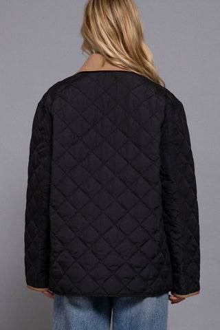 Black Long Sleeve Contrast Lapel Collar Quilted Puffer Work Jacket