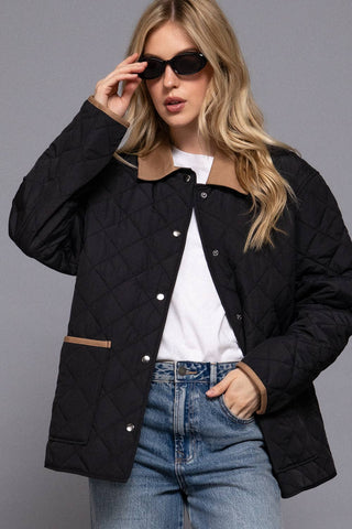 Black Long Sleeve Contrast Lapel Collar Quilted Puffer Work Jacket