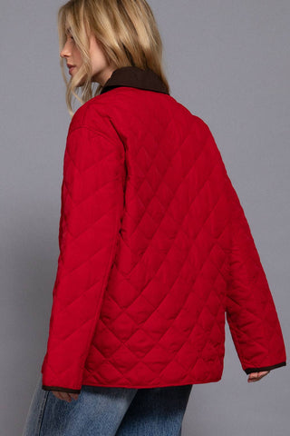 Red Long Sleeve Contrast Lapel Collar Quilted Puffer Work Jacket