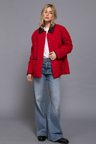 Red Long Sleeve Contrast Lapel Collar Quilted Puffer Work Jacket