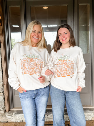 Fall Graphic Sweatshirt with Printed Pumpkin and Embroidered Lace Design