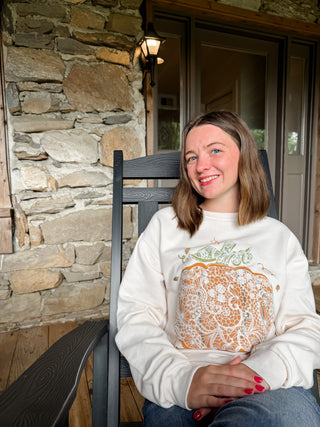 Fall Graphic Sweatshirt with Printed Pumpkin and Embroidered Lace Design