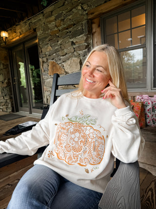 Fall Graphic Sweatshirt with Printed Pumpkin and Embroidered Lace Design