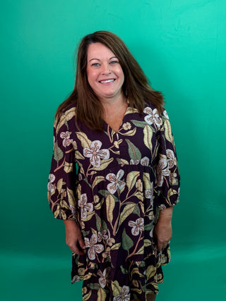 Brown Mix Tropical Floral Ruffle Mini Dress with Three Quarter Puff Sleeves, Tiered Skirt with Ruffled Hem, and V-Neckline