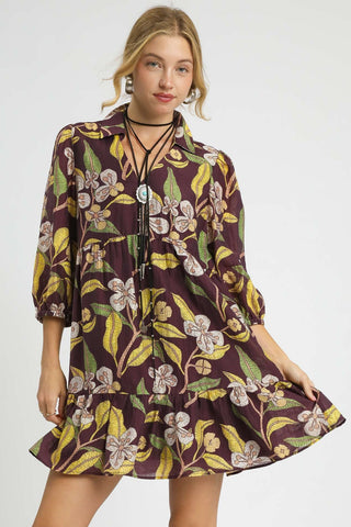 Brown Mix Tropical Floral Ruffle Mini Dress with Three Quarter Puff Sleeves, Tiered Skirt with Ruffled Hem, and V-Neckline