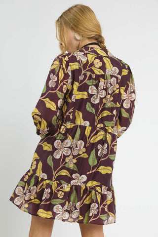 Brown Mix Tropical Floral Ruffle Mini Dress with Three Quarter Puff Sleeves, Tiered Skirt with Ruffled Hem, and V-Neckline