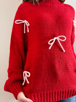 ROUND NECKLINE CREW NECKLINE LONG SLEEVES DROP SHOULDER EXTENDED SHOULDER RELAXED FIT CONTRAST YARN BOW DETAIL SOLID NOT LINED KNIT PULLOVER SWEATER