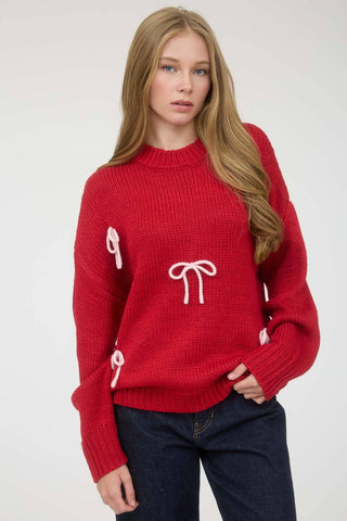 ROUND NECKLINE CREW NECKLINE LONG SLEEVES DROP SHOULDER EXTENDED SHOULDER RELAXED FIT CONTRAST YARN BOW DETAIL SOLID NOT LINED KNIT PULLOVER SWEATER