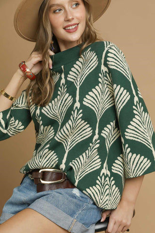 Green and White Abstract Pattern Sweater with Mock Neckline, Boxy Silhouette, and Three Quarter Wide Sleeves