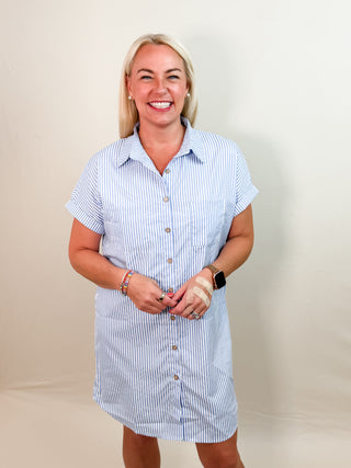 Blue and White Striped Button Up Mini Dress with Collar, Front Pockets, and Cuffed Short Sleeves