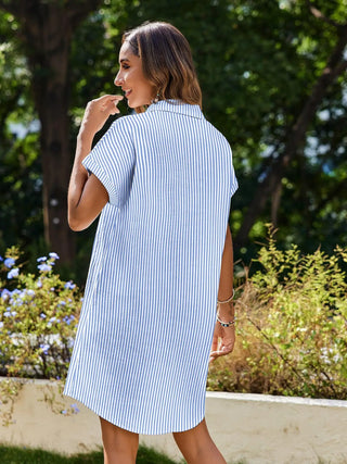 Blue and White Striped Button Up Mini Dress with Collar, Pockets, and Cuffed Short Sleeves