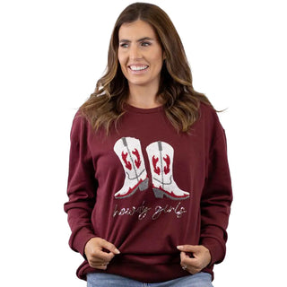 Maroon Sweatshirt with Sequin Maroon and White Boots and "Howdy Girls" Printed