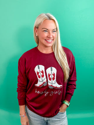 Maroon Sweatshirt with Sequin Maroon and White Boots and "Howdy Girls" Printed