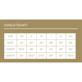 Sweatshirt size chart with measurements on a beige background