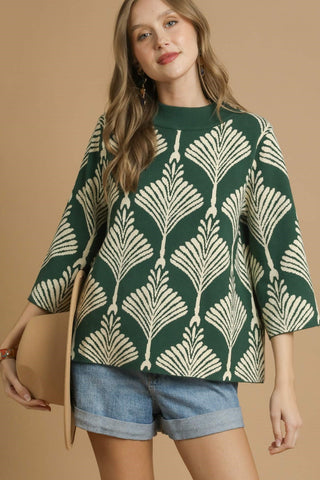 Green and White Abstract Pattern Sweater with Mock Neckline, Boxy Silhouette, and Three Quarter Wide Sleeves