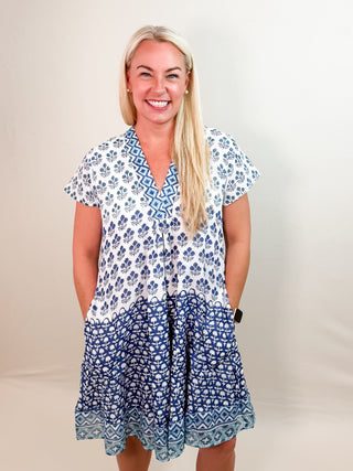 Blue Boho Block Print Mini Dress with Pockets, V-Neck, Lining, and Pockets