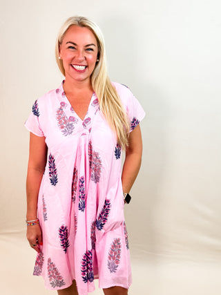 Pink Boho Print Mini Dress with Pockets, V-Neck, Lining, and Pockets