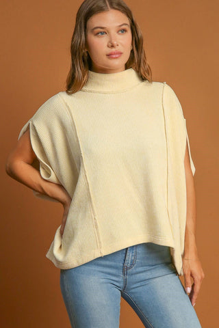 Cream Soft Knit Pullover Top with Mock Neck and Topstitching.