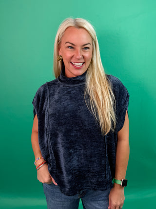 Navy Soft Knit Pullover Top with Mock Neck and Topstitching.