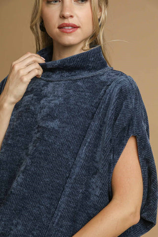 Navy Soft Knit Pullover Top with Mock Neck and Topstitching.