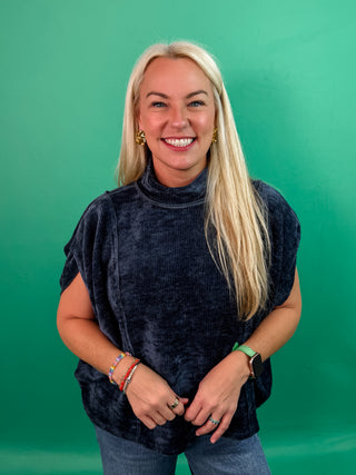 Navy Soft Knit Pullover Top with Mock Neck and Topstitching.