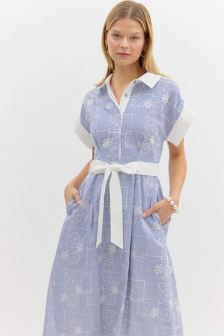 Julia Midi Dress with Blue and White Abstract Floral Pattern, Half Button Collar, Pockets, and Tie Waist Belt