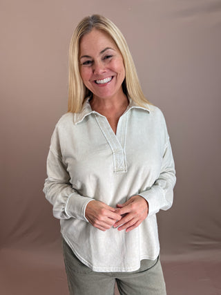 COLLARED SPLIT NECK LONG SLEEVES DROP SHOULDER ACID WASHED TONES MAY VARY U HEM KNIT TOP