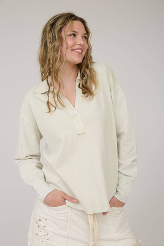 COLLARED SPLIT NECK LONG SLEEVES DROP SHOULDER ACID WASHED TONES MAY VARY U HEM KNIT TOP