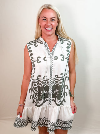 Sage Green and White Mini Dress with Boho Print, Contrast Border Print, Split Neckline with Tie Detail and Tiered Skirt