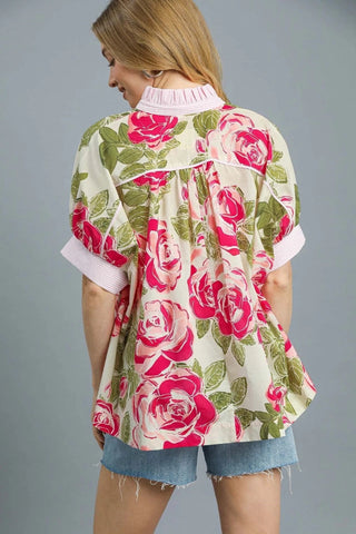 Pink and Green Rose Floral Top with Front Button Closure, Ruffle Accented Collar, Contrast Accented Arm Cuffs