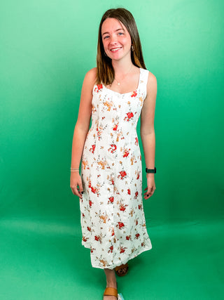 White Floral Dress with Front Button Up Closure, Back Tie and Sleeveless