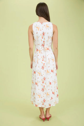 White Floral Dress with Front Button Up Closure, Back Tie and Sleeveless