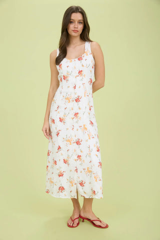 White Floral Dress with Front Button Up Closure, Back Tie and Sleeveless