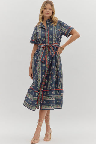 Linear floral pattern short short sleeve pleated ruffle neck band button closure shirt midi shirt featuring contrast accent inset detail. Removable belt. Side pockets. Lined. Woven. Non-sheer. Lightweight.