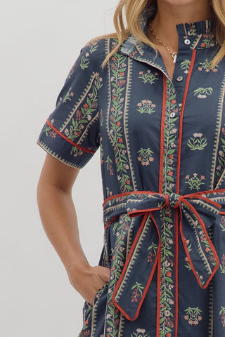 Linear floral pattern short short sleeve pleated ruffle neck band button closure shirt midi shirt featuring contrast accent inset detail. Removable belt. Side pockets. Lined. Woven. Non-sheer. Lightweight.