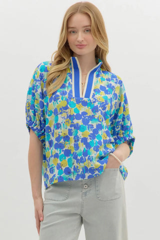 Blue Floral Abstract Top With High Collar, Elasticated Sleeves, and Contrast Border