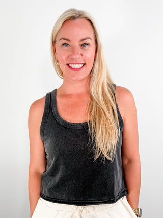 Black Mineral Washed Lounge Crop Top. Comfortable top with scoop neck, unique color,  and cropped hem line.