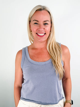 Denim Blue Mineral Washed Lounge Crop Top. Comfortable top with scoop neck, unique color,  and cropped hem line.