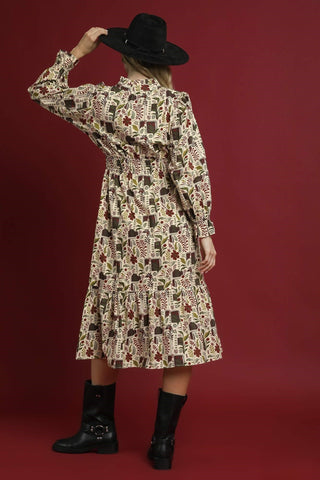 Floral Midi Dress with Smocked Waist with V-neckline, Ruffle collar trim. Long sleeves with ruffle elastic cuffs, and Smocked waist. Lined.