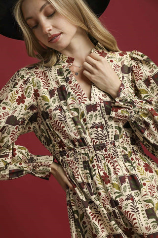 Floral Midi Dress with Smocked Waist with V-neckline, Ruffle collar trim. Long sleeves with ruffle elastic cuffs, and Smocked waist. Lined.