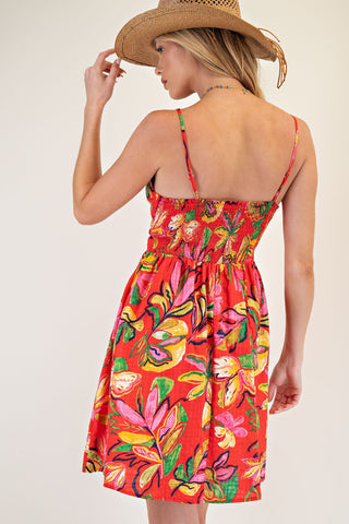 Red Mini Dress with Tropical Leaf Print, Pleated Skirt, Pockets, V-Neck Cut, and Smocked Back