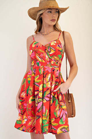 Red Mini Dress with Tropical Leaf Print, Pleated Skirt, Pockets, V-Neck Cut, and Smocked Back