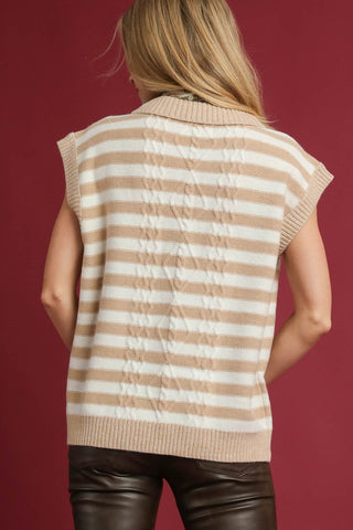 Cable knit collared vest sweater with Cap sleeves, Ribbed hemline, and Boxy silhouette. Not Lined.