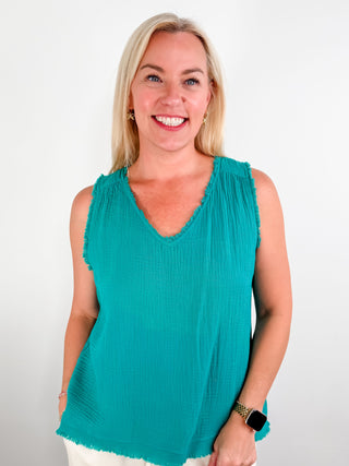 Molly Gauze Tank - Vibrant Jade Green Gauze Tank with Distressed Neckline