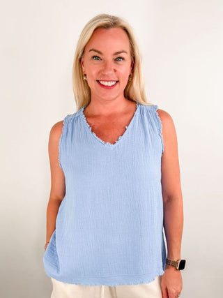 Molly Gauze Tank - Vibrant Orchid Blue Gauze Tank with Distressed Neckline