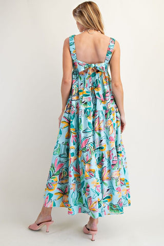 Blue Midi Dress with Bright Tropical Pattern, Tie Back Detail, Elastic Thick Straps, Tiered Skirt, and Pockets