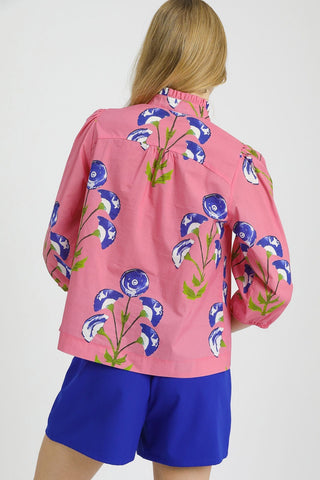Pink Floral Blouse with 3/4 Puff Sleeve, Split Neckline with Tie Detail, and Large Blue Floral Pattern