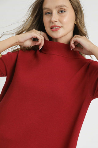 Red Mock Neck Knit Pullover Sweater with Three Quarter Wide Sleeves