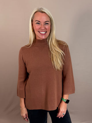 Mocha Brown Mock Neck Knit Pullover Sweater with Three Quarter Wide Sleeves