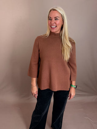 Mocha Brown Mock Neck Knit Pullover Sweater with Three Quarter Wide Sleeves
